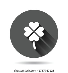 Four leaf clover icon in flat style. St Patricks Day vector illustration on black round background with long shadow effect. Flower shape circle button business concept.