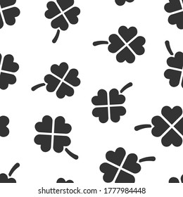 Four leaf clover icon in flat style. St Patricks Day vector illustration on white isolated background. Flower shape seamless pattern business concept.