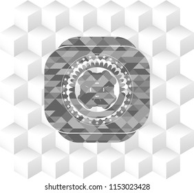 four leaf clover icon inside realistic grey emblem with geometric cube white background