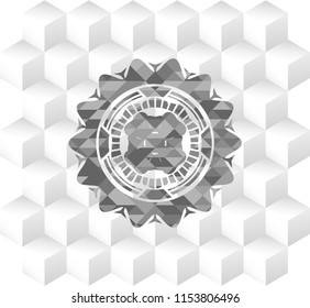 four leaf clover icon inside grey emblem with geometric cube white background