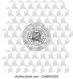 four leaf clover icon inside grey badge with geometric cube white background