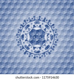 four leaf clover icon inside blue emblem with geometric pattern.
