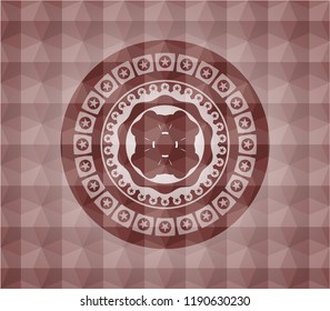 four leaf clover icon inside red seamless geometric pattern emblem. Seamless.