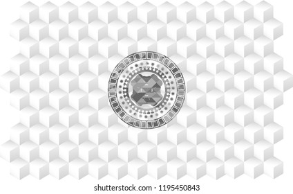 four leaf clover icon inside grey emblem. Retro with geometric cube white background