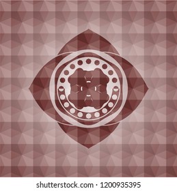 four leaf clover icon inside red emblem or badge with abstract geometric polygonal pattern background. Seamless.