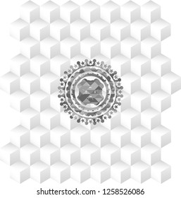four leaf clover icon inside grey emblem. Vintage with geometric cube white background