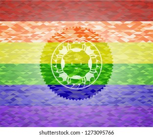 four leaf clover icon inside emblem on mosaic background with the colors of the LGBT flag