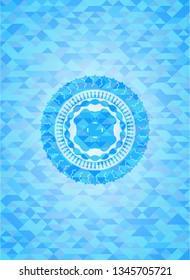 four leaf clover icon inside sky blue emblem with triangle mosaic background
