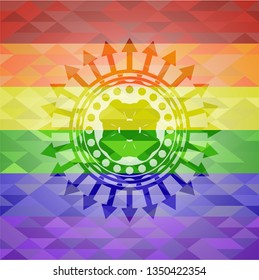 four leaf clover icon inside emblem on mosaic background with the colors of the LGBT flag