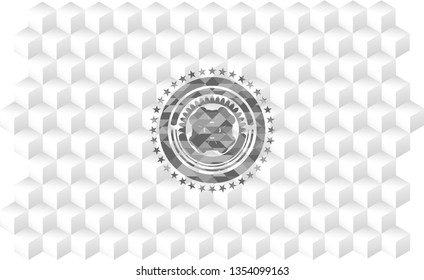 four leaf clover icon inside grey emblem. Retro with geometric cube white background