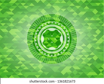 four leaf clover icon inside realistic green emblem. Mosaic background