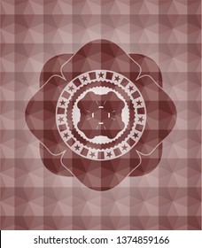 four leaf clover icon inside red seamless emblem or badge with abstract geometric pattern background.
