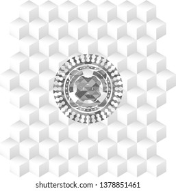four leaf clover icon inside realistic grey emblem with geometric cube white background