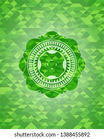 four leaf clover icon inside realistic green emblem. Mosaic background