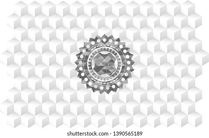 four leaf clover icon inside retro style grey emblem with geometric cube white background