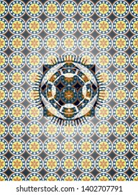 four leaf clover icon inside arabic badge. Arabesque decoration.