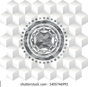 four leaf clover icon inside retro style grey emblem with geometric cube white background