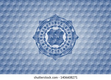 four leaf clover icon inside blue emblem or badge with abstract geometric polygonal pattern background.