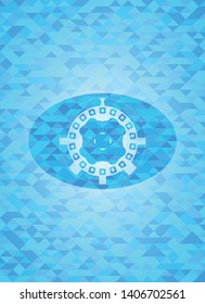 four leaf clover icon inside realistic sky blue emblem. Mosaic background