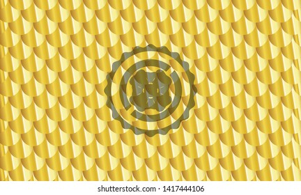 four leaf clover icon inside golden emblem. Scales pattern. Vector Illustration. Detailed.