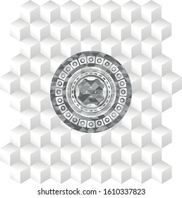 four leaf clover icon inside grey emblem with geometric cube white background
