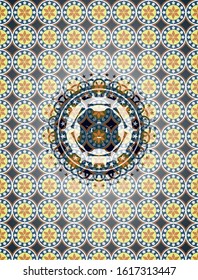 four leaf clover icon inside arabic style badge. Arabesque decoration.