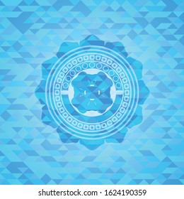 four leaf clover icon inside sky blue emblem with mosaic ecological style background