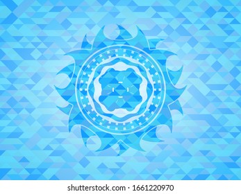 four leaf clover icon inside sky blue emblem. Mosaic background