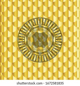 four leaf clover icon inside golden emblem. Scales pattern. Vector Illustration. Detailed.