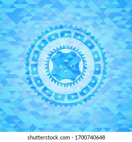 four leaf clover icon inside realistic sky blue emblem. Mosaic background