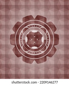 four leaf clover icon inside red seamless badge with geometric pattern. 