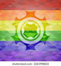 four leaf clover icon inside emblem on mosaic background with the colors of the LGBT flag. 