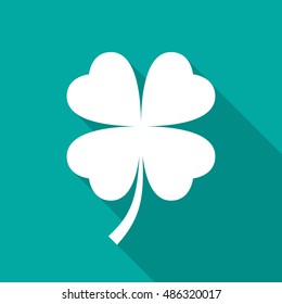 Four leaf clover icon with long shadow. Flat design style. Clover silhouette. Simple green icon. Modern flat icon in stylish colors. Web site page and mobile app design vector element.