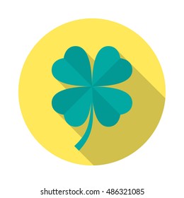 Four leaf clover icon with long shadow. Flat design style. Round icon. Clover silhouette. Simple circle icon. Modern flat icon in stylish colors. Web site page and mobile app design vector element.