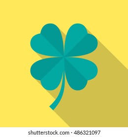 Four leaf clover icon with long shadow. Flat design style. Clover silhouette. Simple icon. Modern flat icon in stylish colors. Web site page and mobile app design vector element.