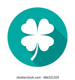 Four leaf clover icon with long shadow. Flat design style. Round icon. Clover silhouette. Simple circle icon. Modern flat icon in stylish colors. Web site page and mobile app design vector element.