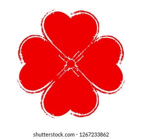 Four leaf clover icon with red grunge hearts. Valentine`s day symbol.