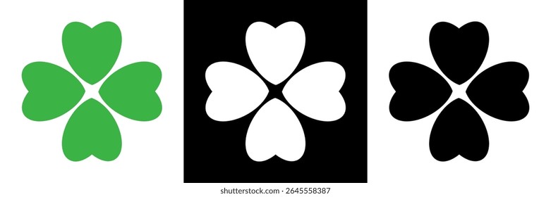 Four leaf clover icon set. Flat shamrock icons vector set. Happy St Patricks day. Leaf clover green, black , white background. Good luck four leaf clover flat icons for apps and websites

