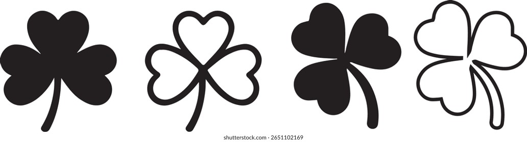 Four Leaf Clover Icon Set – Good Luck Flat Vector Symbols 