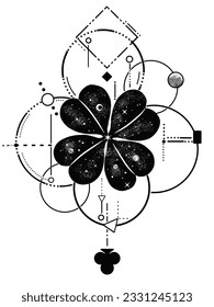 Four leaf clover icon with starry night line art design for t-shirts, badges, stickers, etc