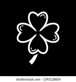 Four leaf clover icon. White shamrock isolated on black background. Suitable for web site page and mobile app design vector element.