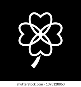 Four leaf clover icon. White shamrock isolated on black background. Suitable for web site page and mobile app design vector element.