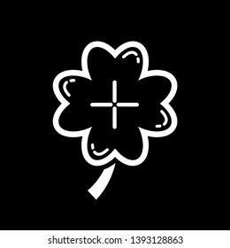 Four leaf clover icon. White shamrock isolated on black background. Suitable for web site page and mobile app design vector element.