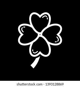 Four leaf clover icon. White shamrock isolated on black background. Suitable for web site page and mobile app design vector element.