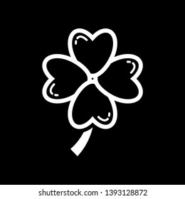 Four leaf clover icon. White shamrock isolated on black background. Suitable for web site page and mobile app design vector element.