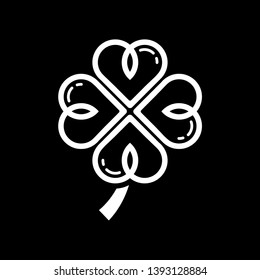 Four leaf clover icon. White shamrock isolated on black background. Suitable for web site page and mobile app design vector element.