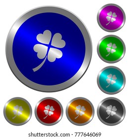 Four leaf clover icons on round luminous coin-like color steel buttons