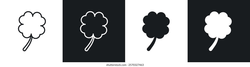 Four leaf clover icons vectors set in black. line and flat versions