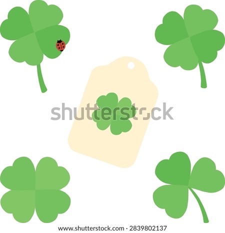 Four leaf clover illustration set with ladybug and blank gift tag isolated on white