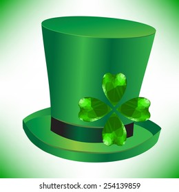 Four- leaf clover - Irish shamrock St Patrick's Day symbol. Useful for your design. Green glass clover  on green hut. St. Patrick's day green hat isolated on white background.